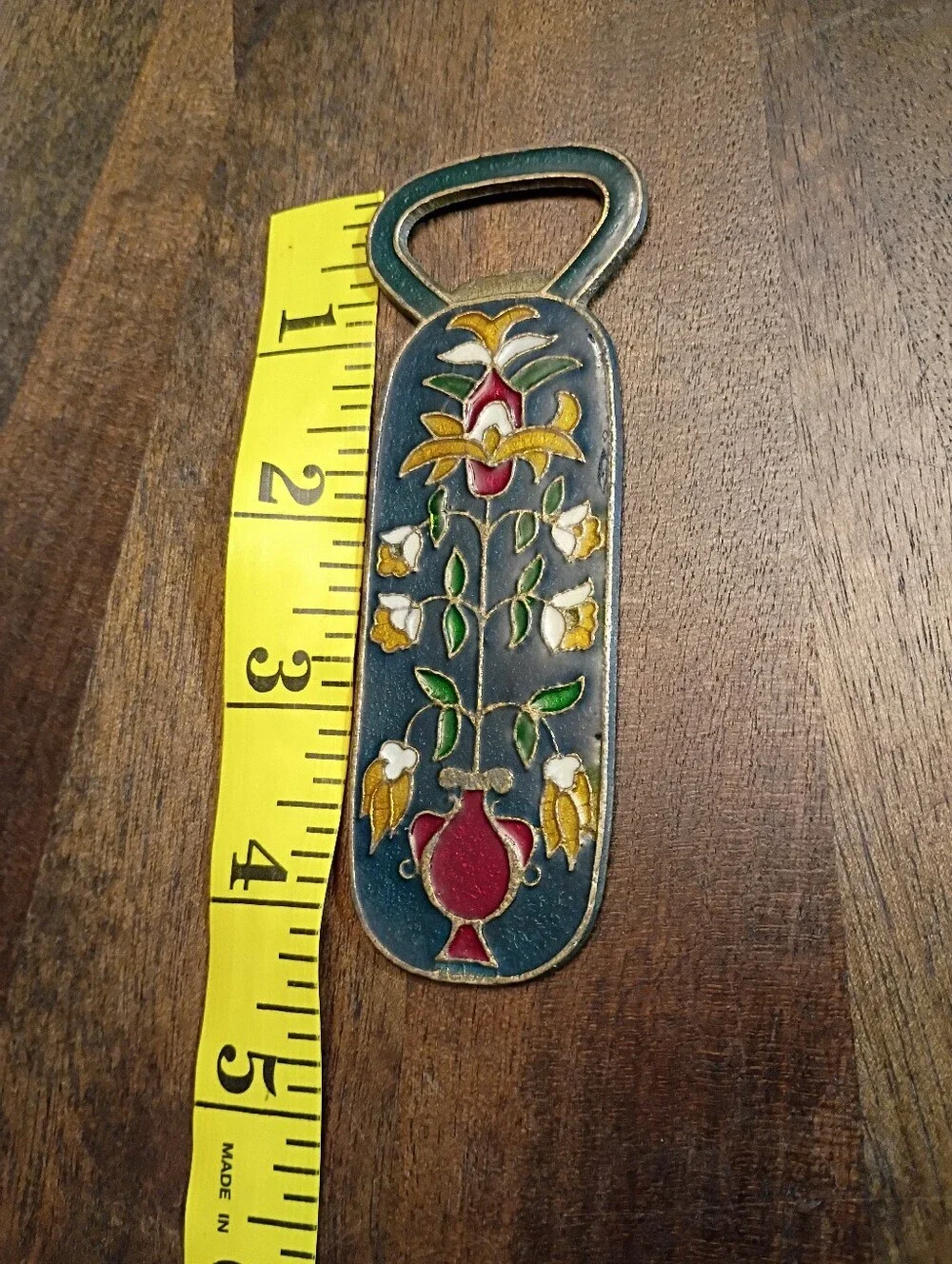 Vintage Cloisonné Floral Brass Bottle Opener Blue Enamel Barware 4.5